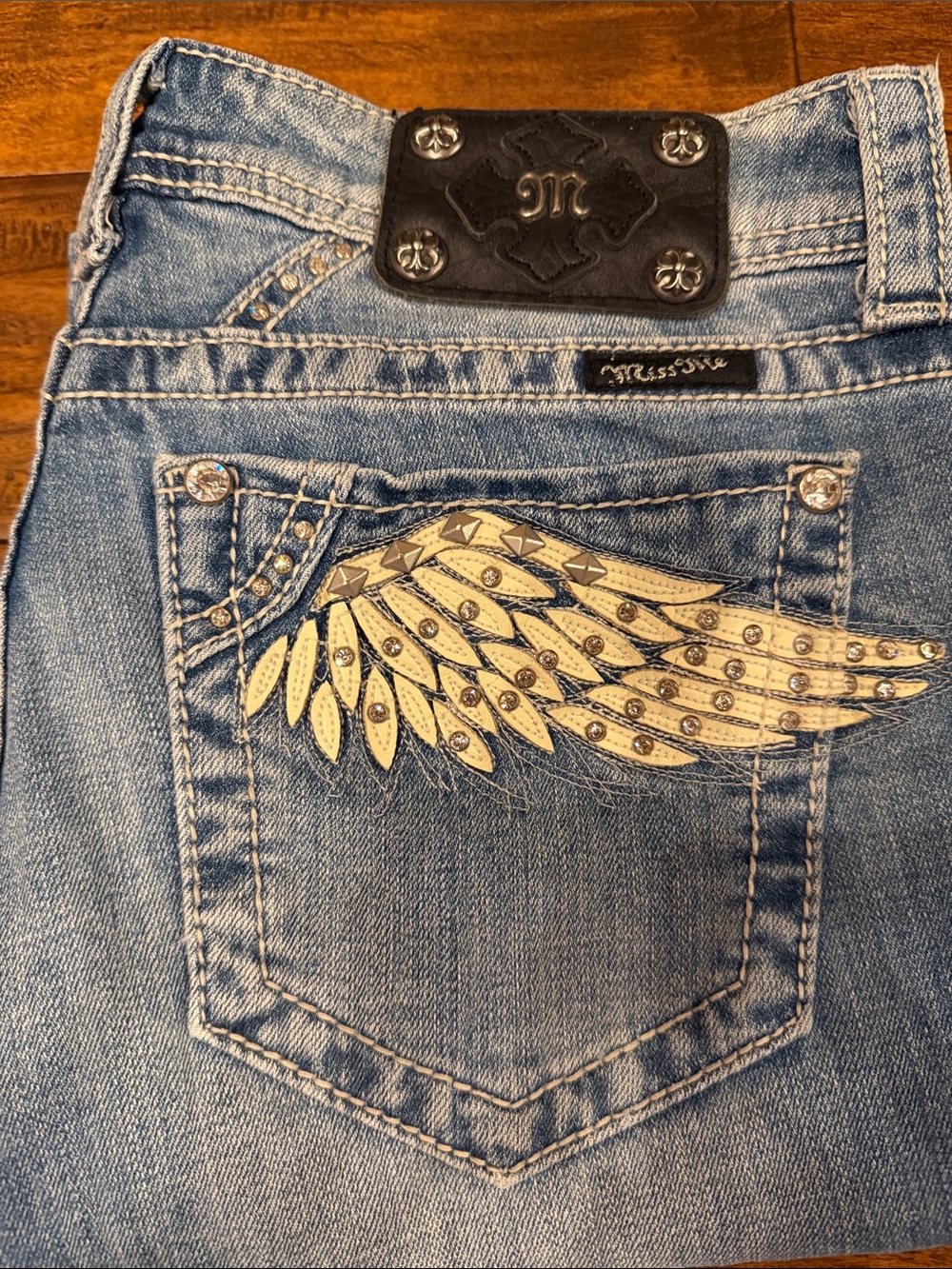 Miss Me Light Blue Jeans with Embellished Wing Pocket Sz 30 x 35